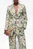 Blue Floral Notched Lapel 2 Piece One Button Women Suits