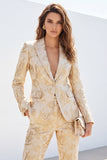 Golden 2 Piece Peak Lapel Jacquard One Button Slim Fit Women Suits