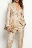 Golden 2 Piece Peak Lapel Jacquard One Button Slim Fit Women Suits