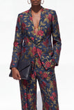 Dark Green 2 Piece One Button Floral Women Suits