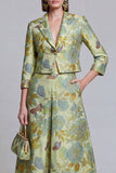 2 Piece Sage Green Floral Notched Lapel Women's Skirt Suits with Pockets