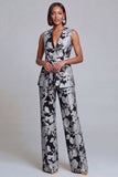 2 Piece Sage Green Floral V-Neck Women Suits with Belt