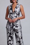 2 Piece Sage Green Floral V-Neck Women Suits with Belt