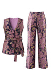 2 Piece Sage Green Floral V-Neck Women Suits with Belt