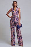 2 Piece Sage Green Floral V-Neck Women Suits with Belt