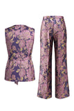 2 Piece Sage Green Floral V-Neck Women Suits with Belt
