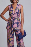 2 Piece Sage Green Floral V-Neck Women Suits with Belt