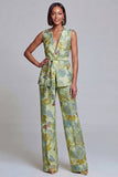 2 Piece Sage Green Floral V-Neck Women Suits with Belt