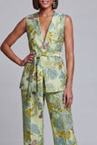 2 Piece Sage Green Floral V-Neck Women Suits with Belt