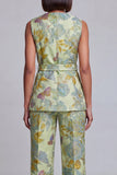 2 Piece Sage Green Floral V-Neck Women Suits with Belt