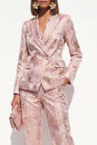 Dusty Blue Floral 2 Piece Peak Lapel Double Breasted Women Suits with Pockets