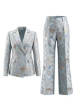 Dusty Blue Floral 2 Piece Peak Lapel Double Breasted Women Suits with Pockets