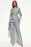 Dusty Blue Floral 2 Piece Peak Lapel Double Breasted Women Suits with Pockets