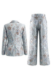 Dusty Blue Floral 2 Piece Peak Lapel Double Breasted Women Suits with Pockets