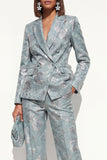 Dusty Blue Floral 2 Piece Peak Lapel Double Breasted Women Suits with Pockets