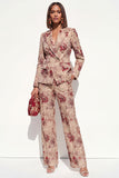 Dusty Blue Floral 2 Piece Peak Lapel Double Breasted Women Suits with Pockets