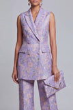 Double Breasted Peak Lapel 2 Piece Lilac Floral Women Suits