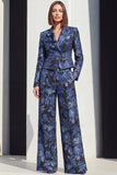 Black Blue Peak Lapel 2 Piece Floral Women Suits with Pockets