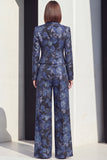 Black Blue Peak Lapel 2 Piece Floral Women Suits with Pockets