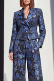 Black Blue Peak Lapel 2 Piece Floral Women Suits with Pockets