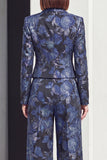Black Blue Peak Lapel 2 Piece Floral Women Suits with Pockets