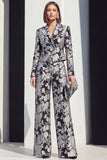 Black Blue Peak Lapel 2 Piece Floral Women Suits with Pockets