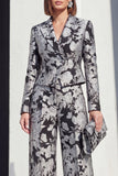 Black Blue Peak Lapel 2 Piece Floral Women Suits with Pockets