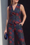 Ivory Floral Double Breasted 2 Piece Women Suits with Pockets