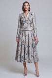 Grey Blue Flower 2 Piece Peak Lapel Women's Skirt Suits with Pockets