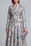 Grey Blue Flower 2 Piece Peak Lapel Women's Skirt Suits with Pockets