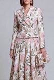 Grey Blue Flower 2 Piece Peak Lapel Women's Skirt Suits with Pockets