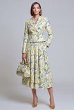 Grey Blue Flower 2 Piece Peak Lapel Women's Skirt Suits with Pockets