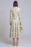 Grey Blue Flower 2 Piece Peak Lapel Women's Skirt Suits with Pockets
