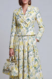 Grey Blue Flower 2 Piece Peak Lapel Women's Skirt Suits with Pockets