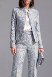 Dusty Blue 2 Piece Open-front Slim Fit Floral Women's Suits