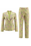 Sage Green Shawl Lapel Floral 2 Piece Women's Suits