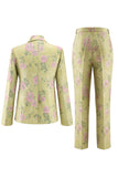 Sage Green Shawl Lapel Floral 2 Piece Women's Suits