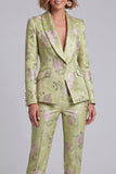 Sage Green Shawl Lapel Floral 2 Piece Women's Suits