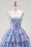 A-Line Yellow Strapless Corset Floral Tiered Homecoming Dress