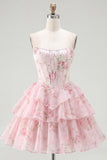 A-Line Yellow Strapless Corset Floral Tiered Homecoming Dress