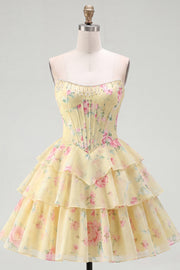 Yellow Strapless Corset A-Line Floral Graduation Dress with Ruffles