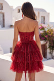 A-Line Burgundy Sweetheart Corset Tiered Sequins Homecoming Dress