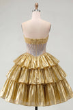 Golden A-Line Strapless Sheer Corset Tiered Homecoming Dress with Beading