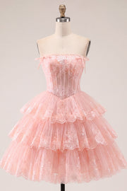 Strapless Blush Tiered A-Line Corset Short Party Dress