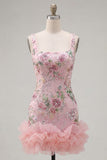 Pink Square Neck Bodycon Floral Sequins Homecoming Dress with Ruffles