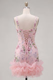 Pink Square Neck Bodycon Floral Sequins Homecoming Dress with Ruffles
