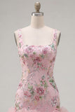 Pink Square Neck Bodycon Floral Sequins Homecoming Dress with Ruffles