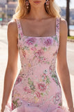 Pink Square Neck Bodycon Floral Sequins Homecoming Dress with Ruffles