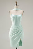 Mint Strapless Bodycon Corset Homecoming Dress with Slit