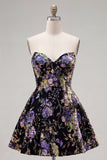 Pink Strapless A-Line Sequin Floral Homecoming Dress with Lace Up Back